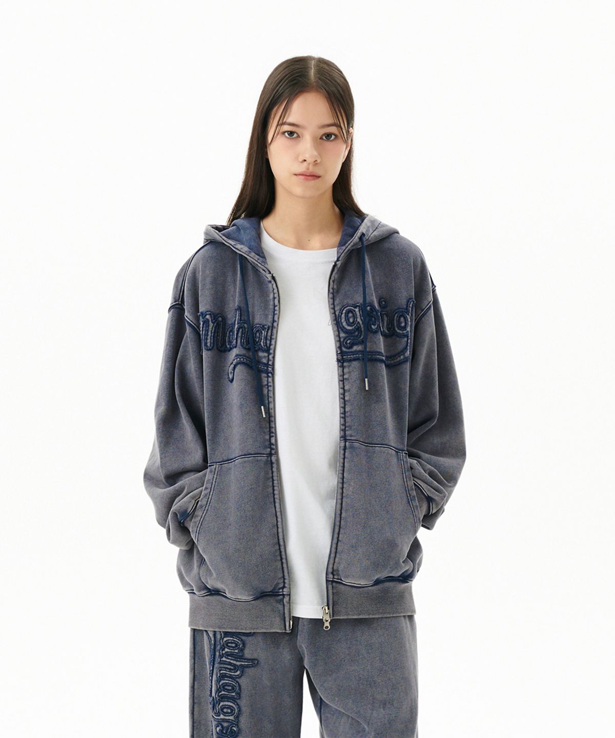 마하그리드(MAHAGRID) WASHED CUT OFF APPLIQUE HOOD ZIP UP NAVY(MG2FFMM496A)