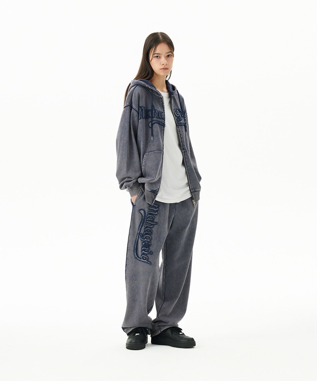 마하그리드(MAHAGRID) WASHED CUT OFF APPLIQUE HOOD ZIP UP NAVY(MG2FFMM496A)