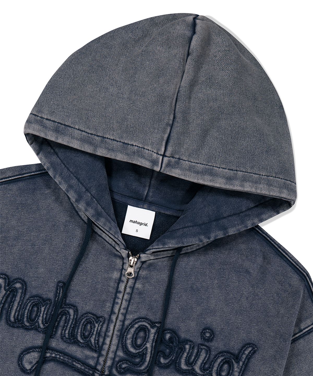 마하그리드(MAHAGRID) WASHED CUT OFF APPLIQUE HOOD ZIP UP NAVY(MG2FFMM496A)