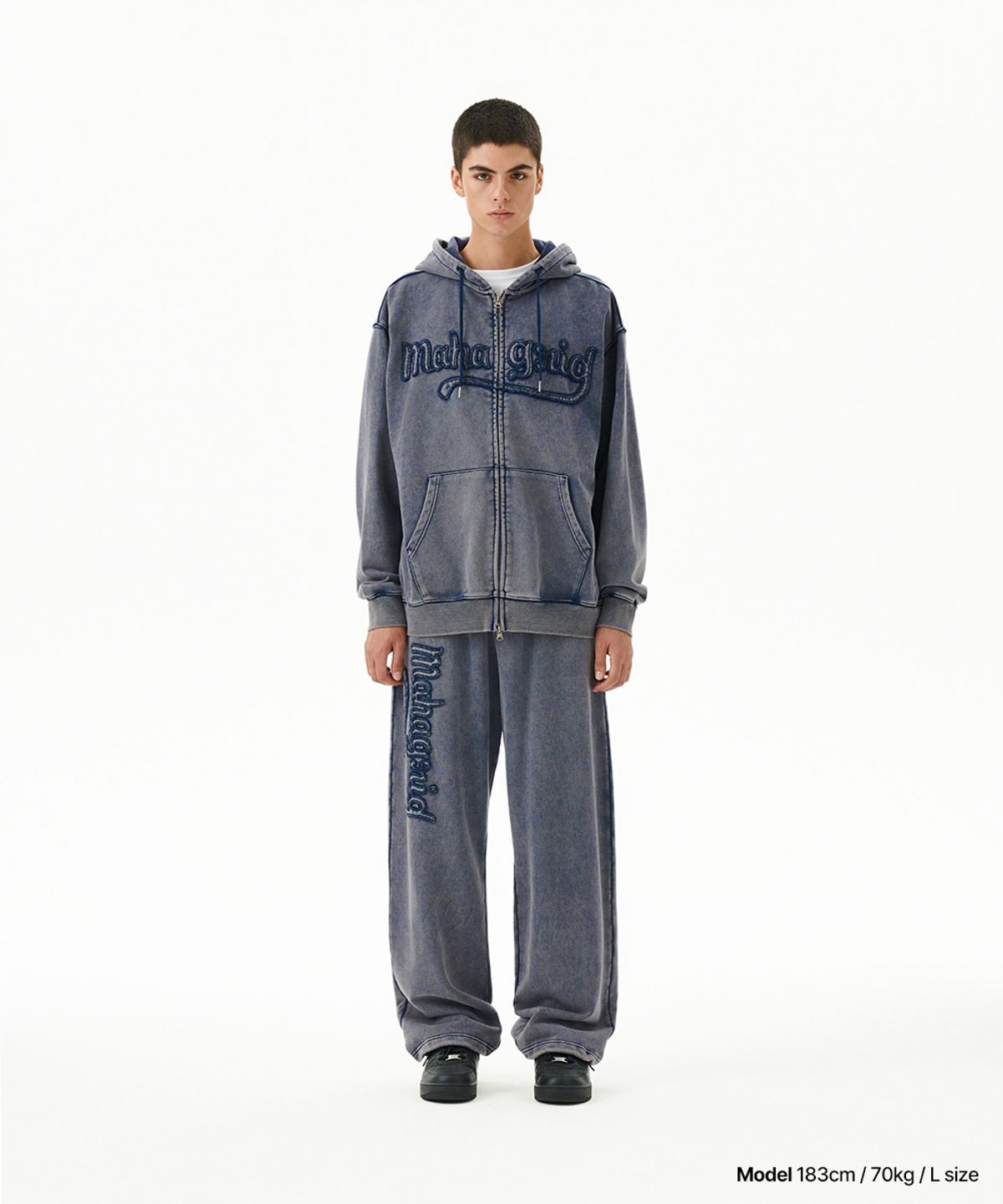 마하그리드(MAHAGRID) WASHED CUT OFF APPLIQUE SWEAT PANT NAVY(MG2FFMPA06A)