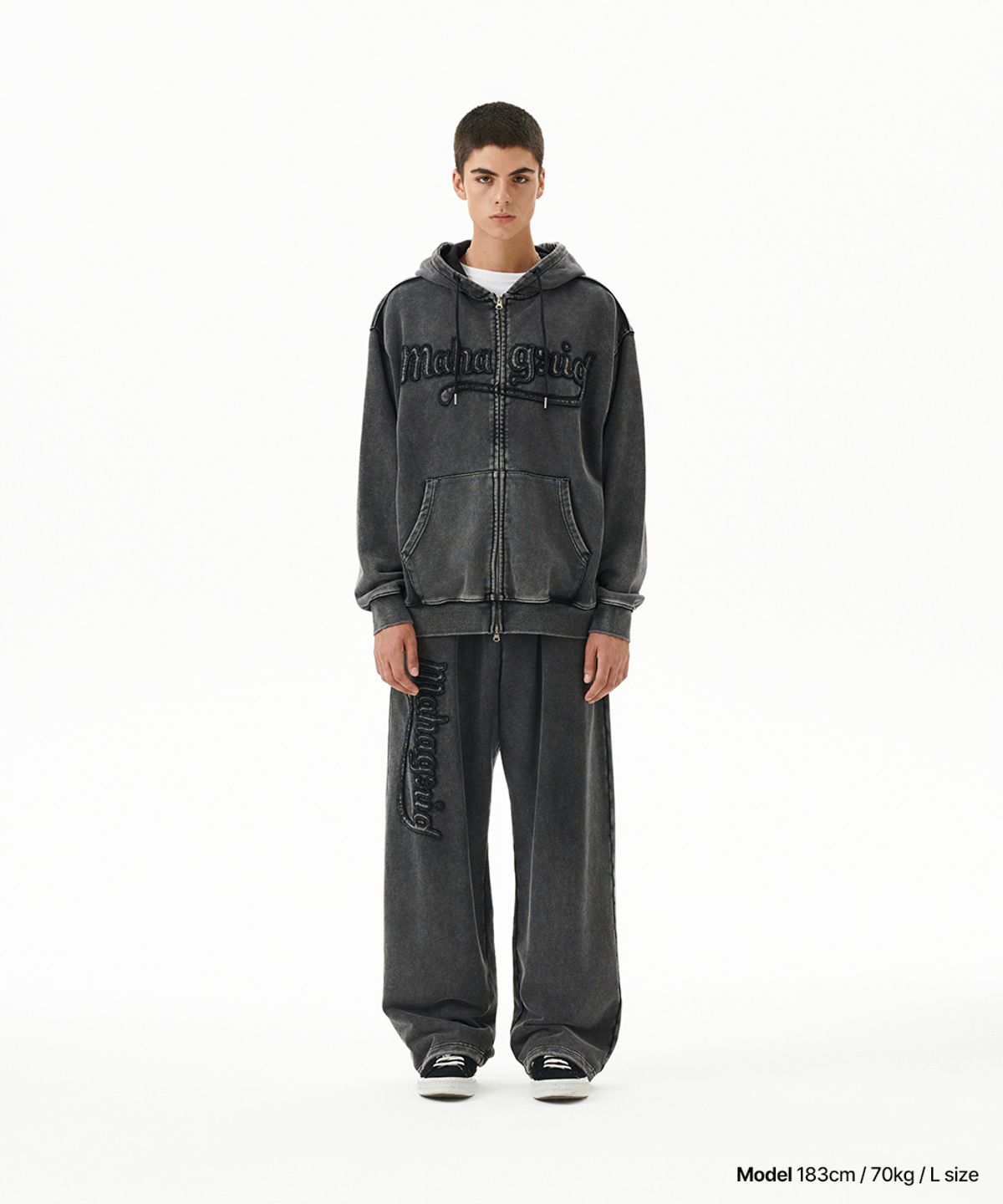마하그리드(MAHAGRID) WASHED CUT OFF APPLIQUE SWEAT PANT BLACK(MG2FFMPA06A)