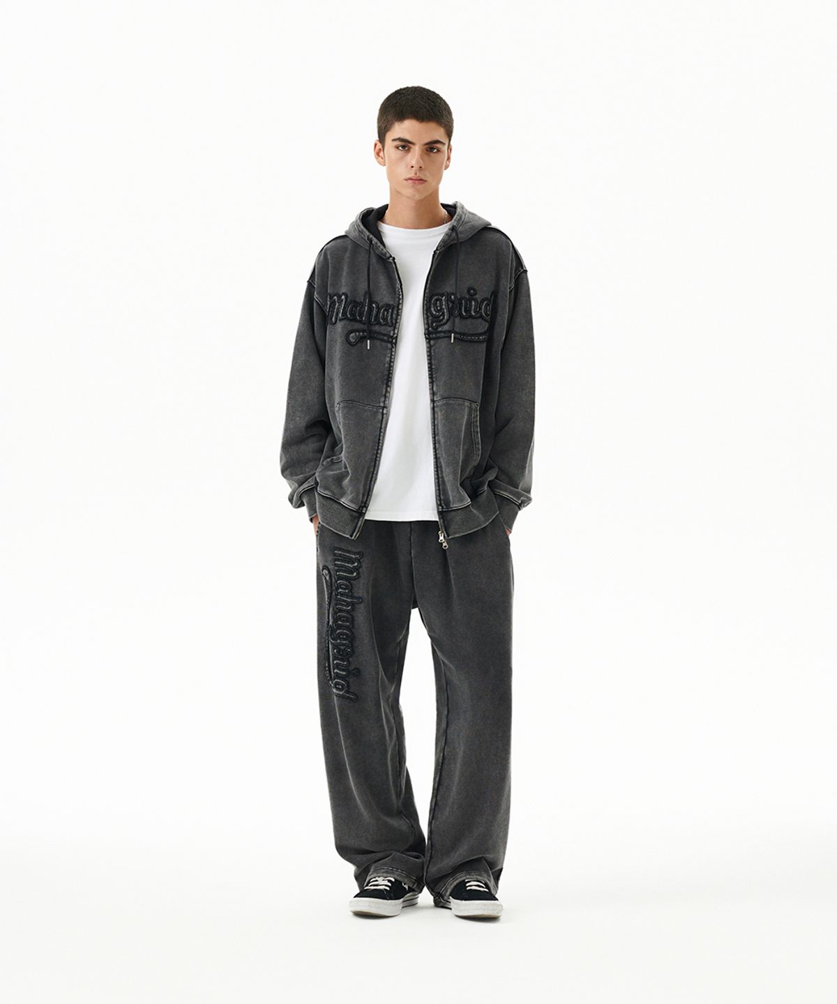 마하그리드(MAHAGRID) WASHED CUT OFF APPLIQUE SWEAT PANT BLACK(MG2FFMPA06A)