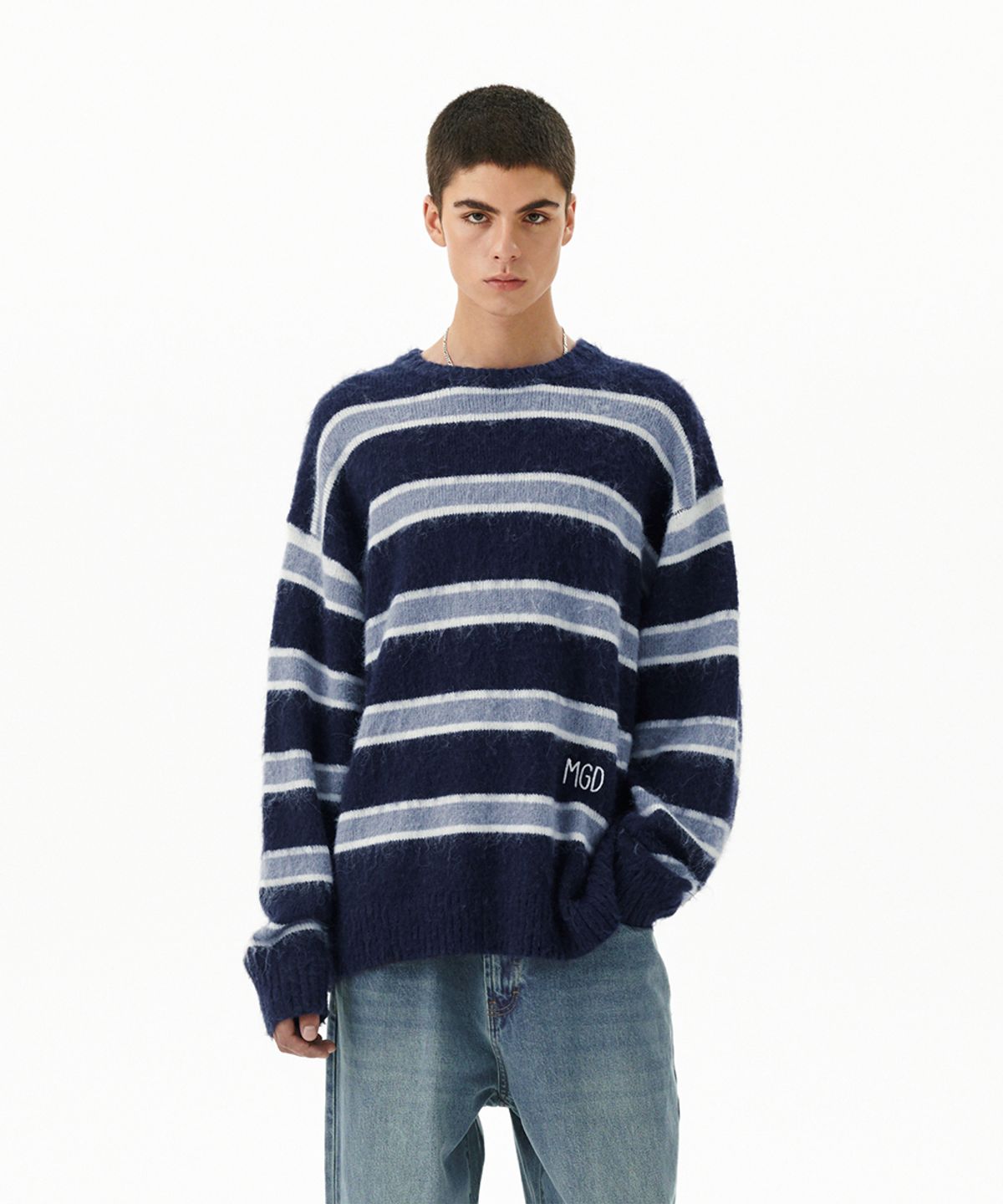 마하그리드(MAHAGRID) HAIRY STRIPE KNIT SWEATER NAVY(MG2FFMK600A)