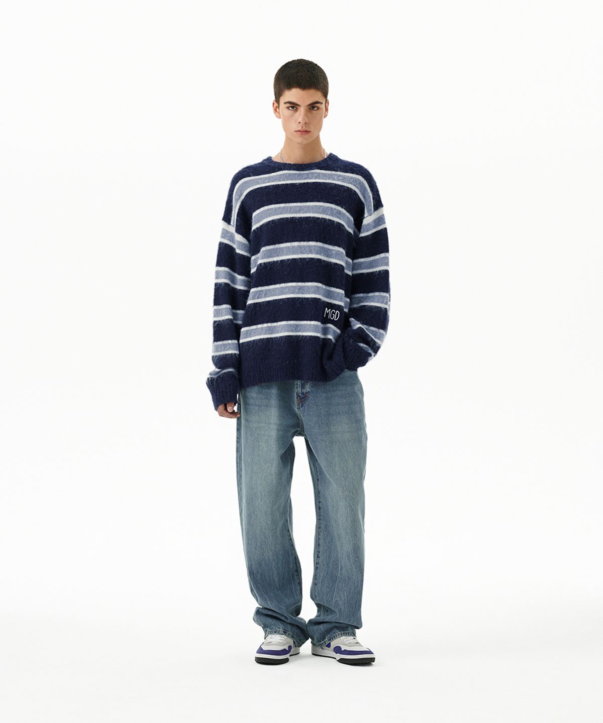 마하그리드(MAHAGRID) HAIRY STRIPE KNIT SWEATER NAVY(MG2FFMK600A)