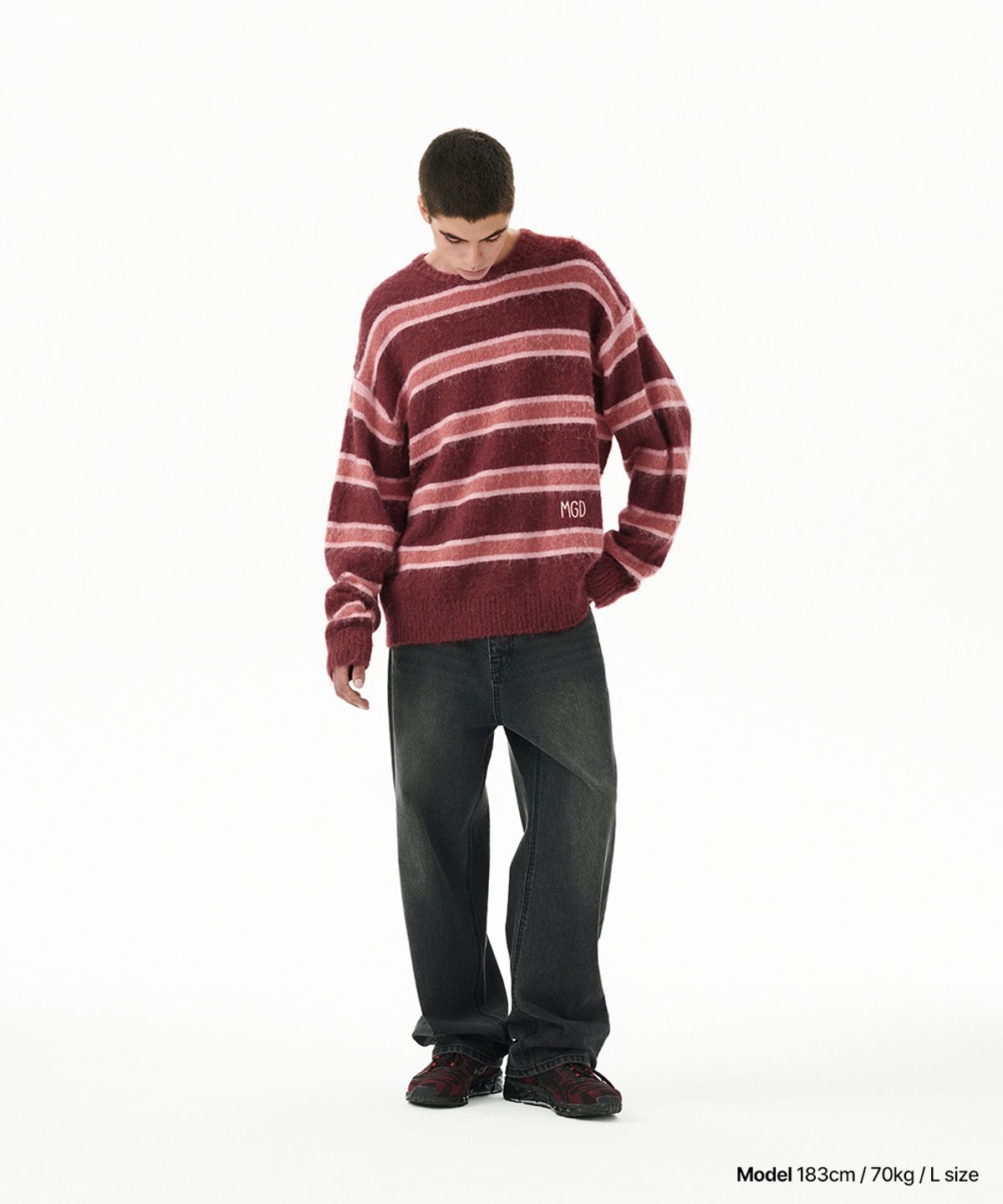 마하그리드(MAHAGRID) HAIRY STRIPE KNIT SWEATER BURGUNDY(MG2FFMK600A)