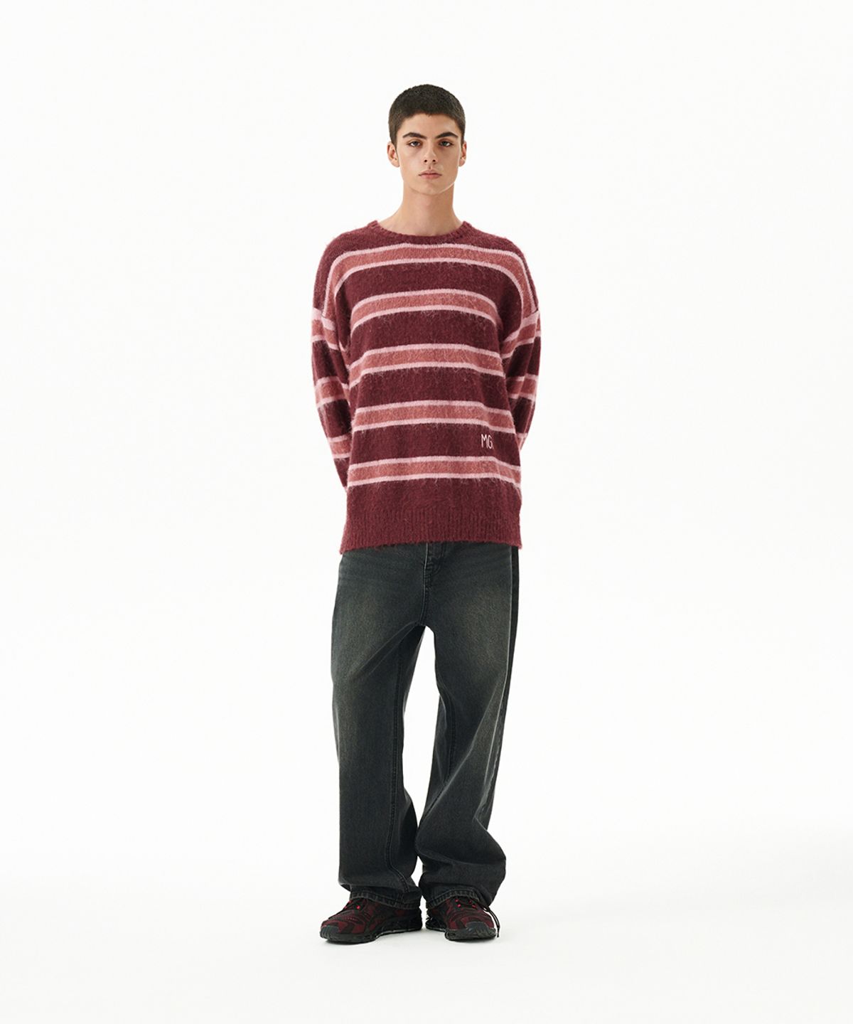 마하그리드(MAHAGRID) HAIRY STRIPE KNIT SWEATER BURGUNDY(MG2FFMK600A)