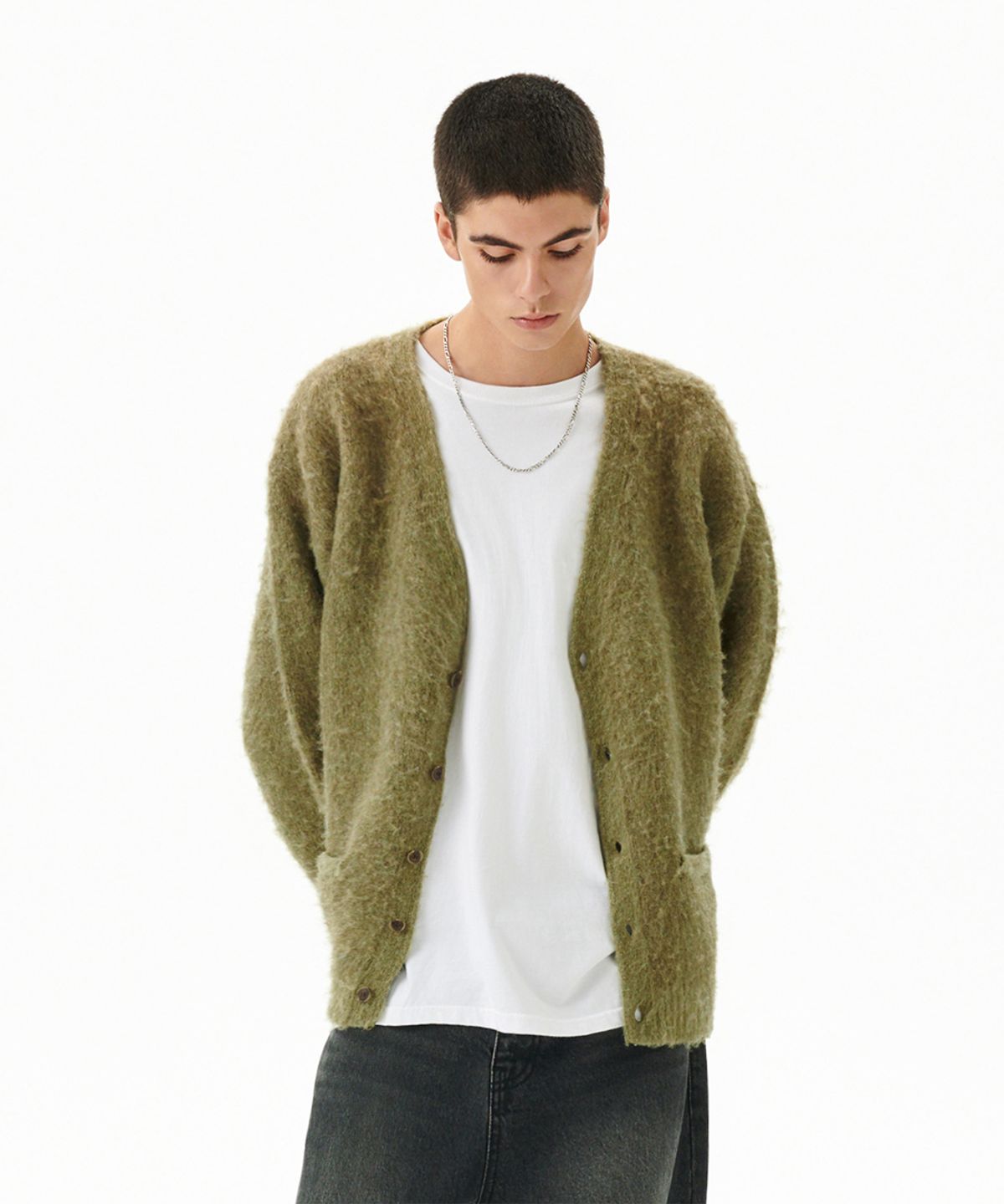 마하그리드(MAHAGRID) MIXED HAIRY KNIT CARDIGAN KHAKI(MG2FFMK681A)
