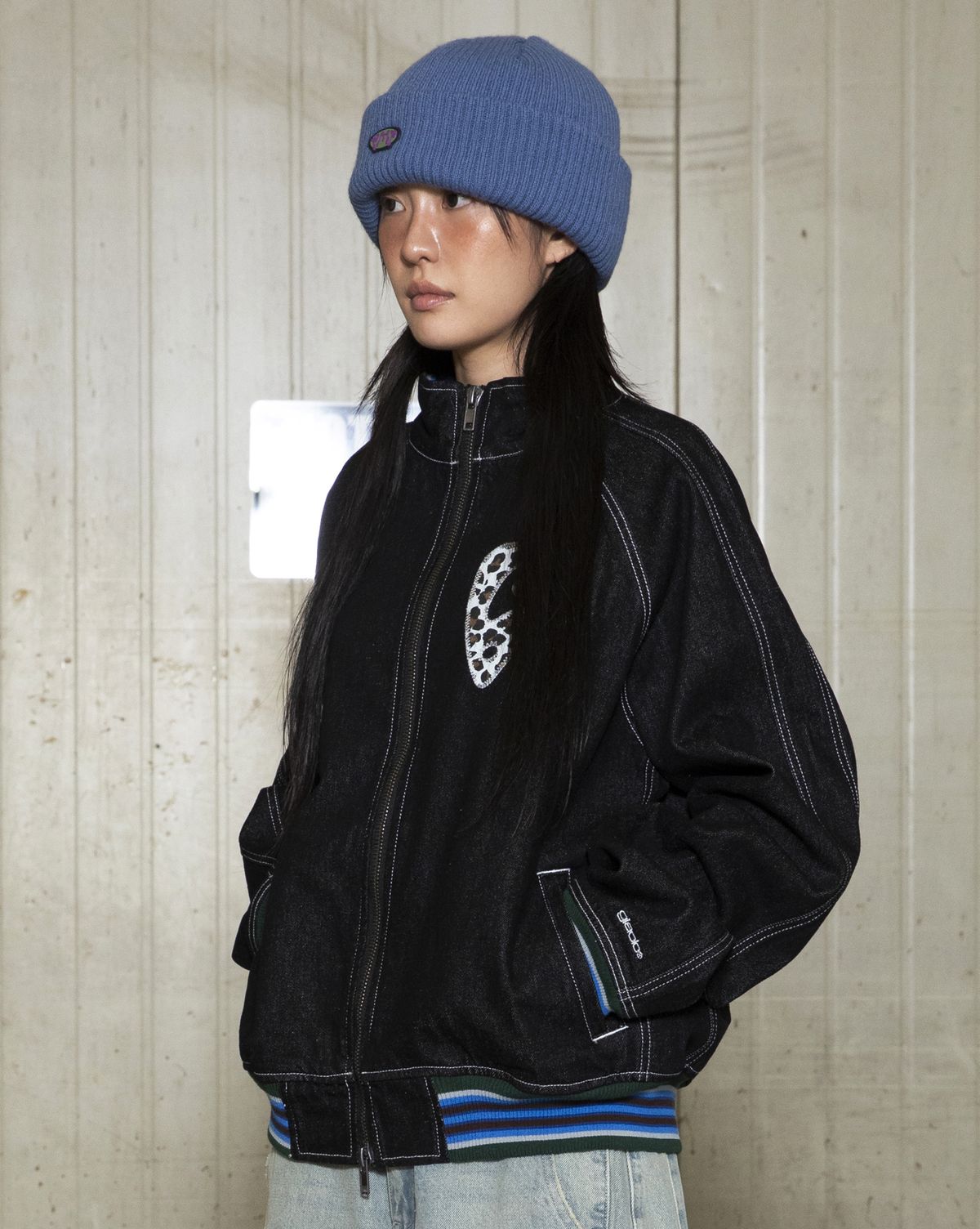 글랙(GLACK) GJ105 컬러립 데님 블루종 자켓 (BLACK)