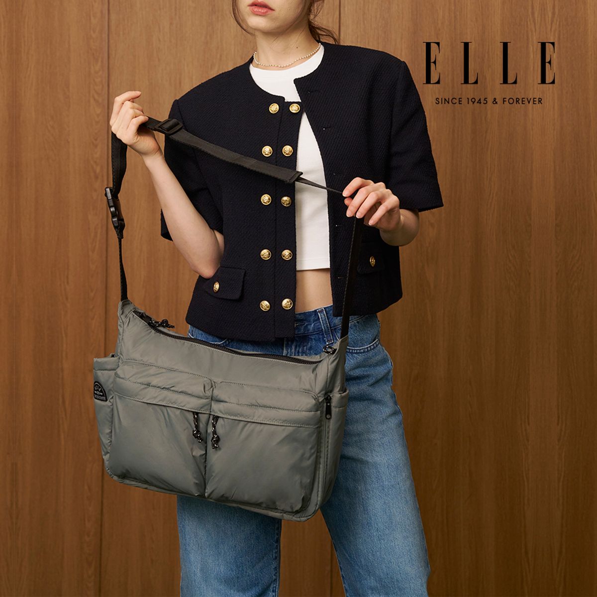 엘르(ELLE) 트라벨 경량 투포켓 나일론 크로스백 메신저백 캐주얼백