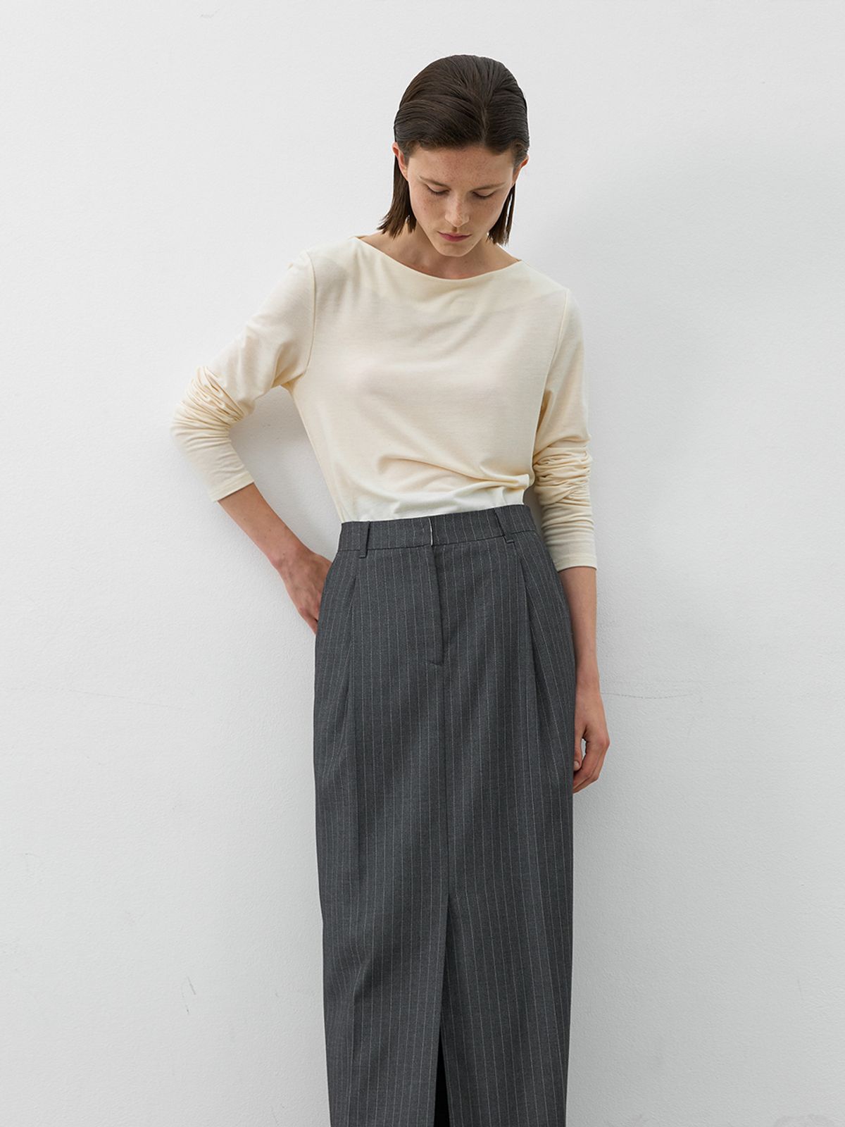 아틀리에 나인(ATELIER NAIN) ESSENTIAL STRIPE TUCK LONG SKIRT(SK-5044)
