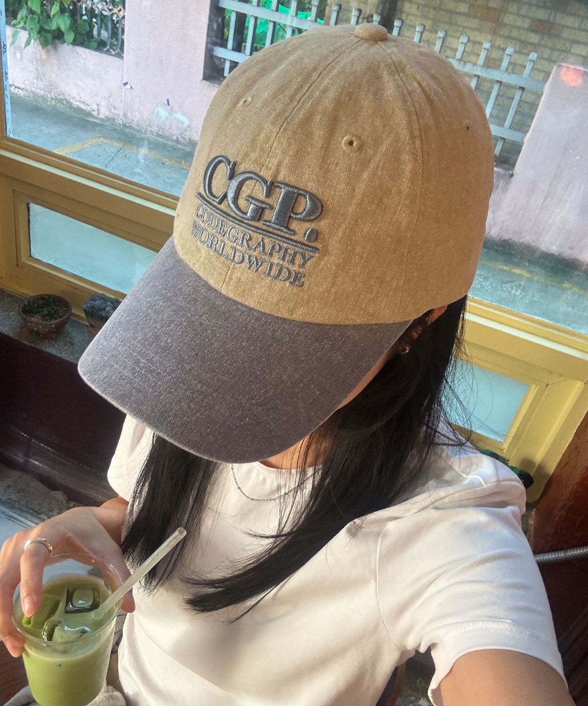 코드그라피(CGP) 스퀘어 로고 워싱 배색 볼캡_라이트카키