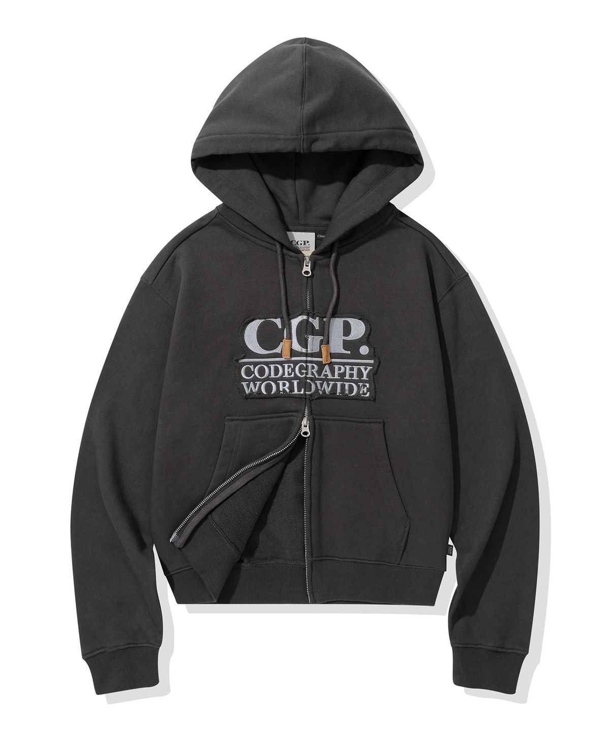 코드그라피(CGP) (우먼) 스퀘어 로고 데미지 후드 집업_차콜