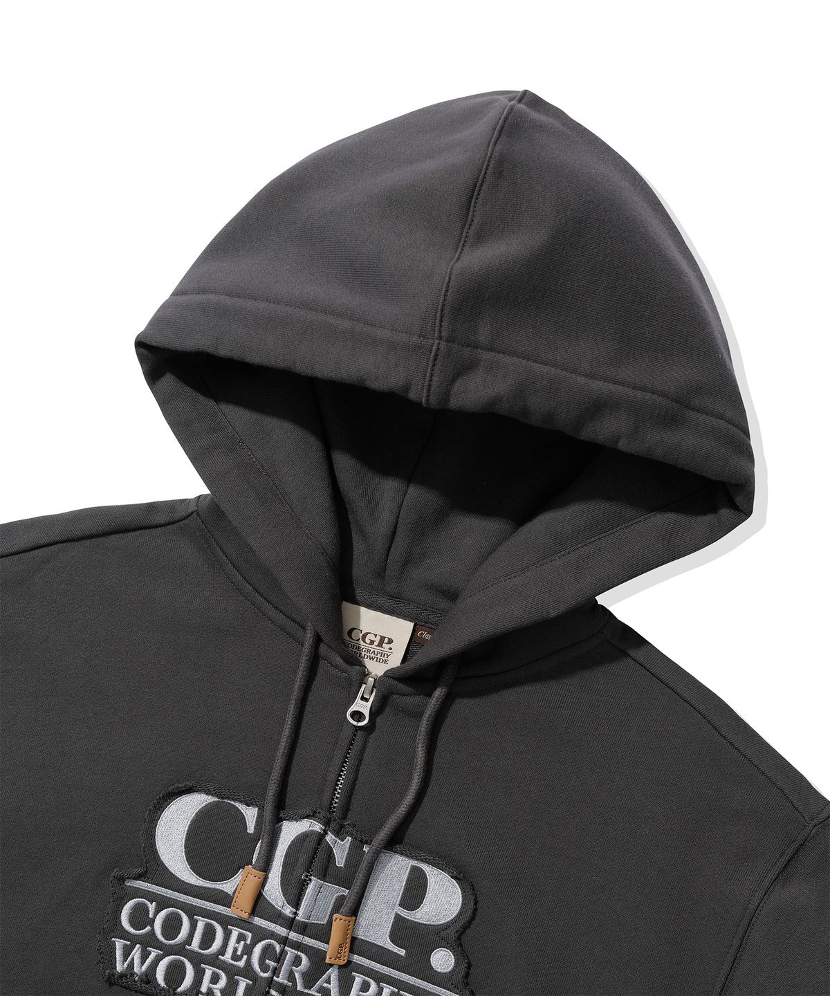 코드그라피(CGP) (우먼) 스퀘어 로고 데미지 후드 집업_차콜