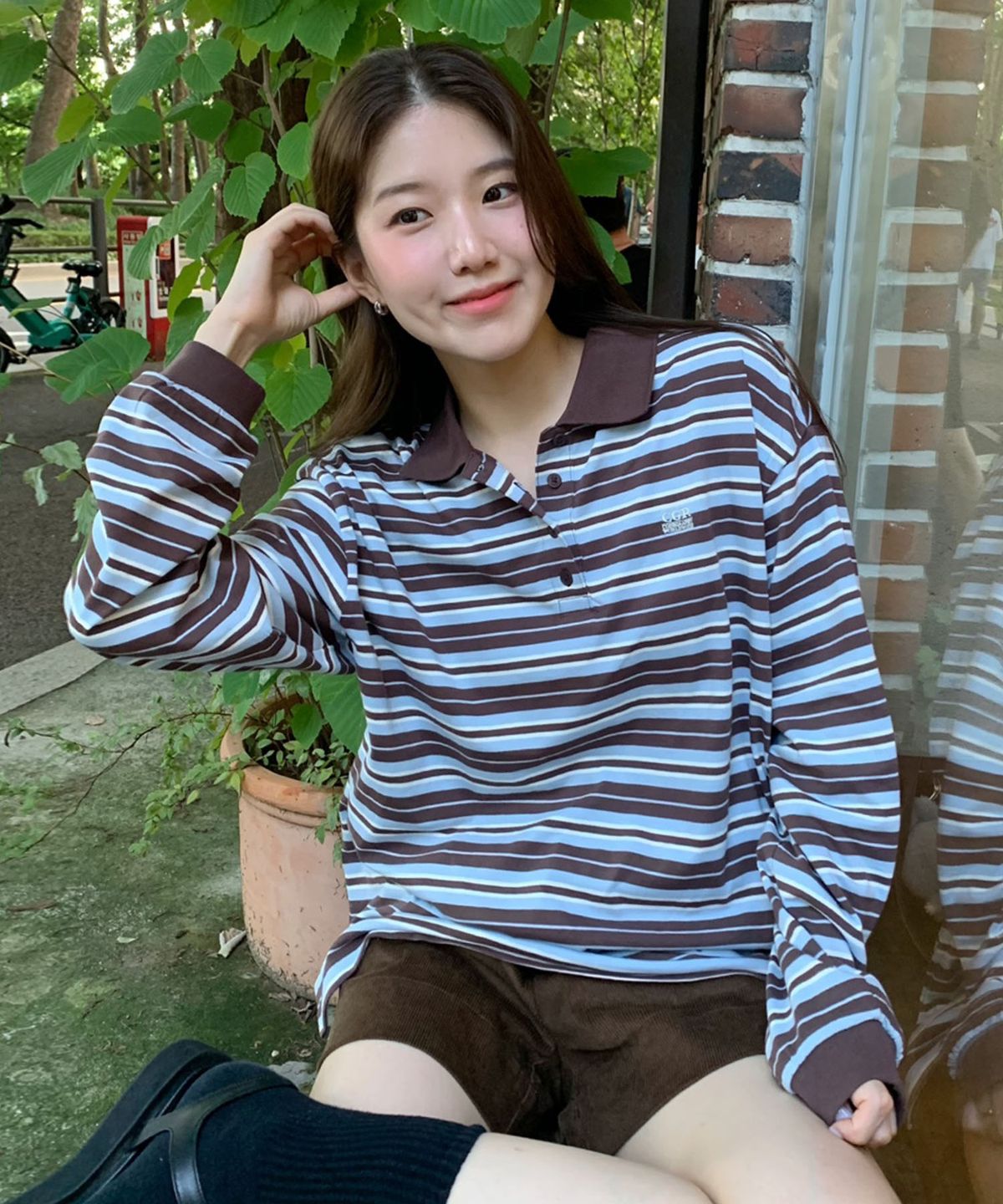코드그라피(CGP) (우먼) 스트라이프 카라 롱슬리브_초코 브라운