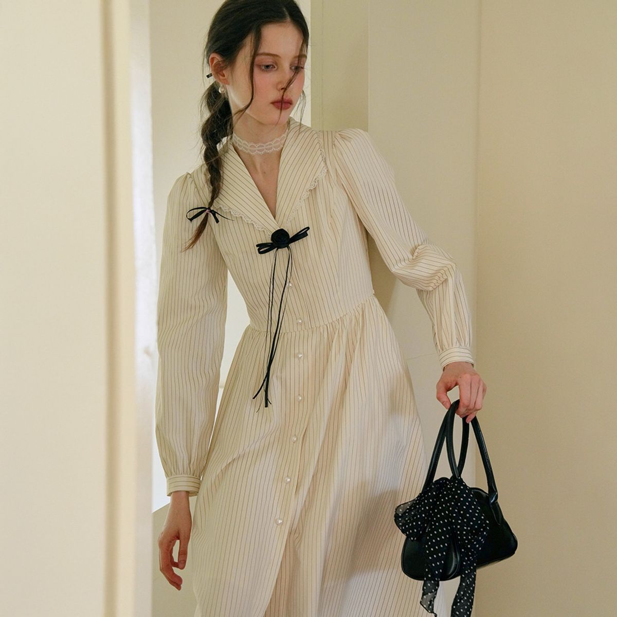 쎄무아듀(CEST MOIDEW) Cest_Striped pearl button shirt dress