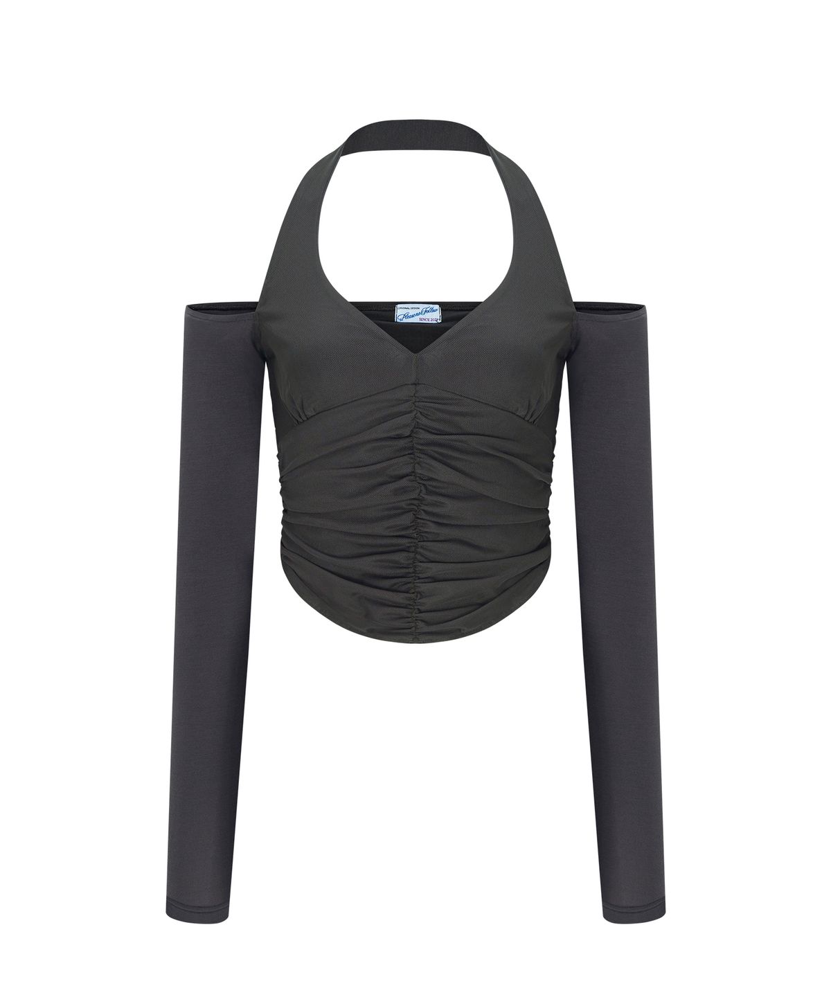 플리즈노팔로우(PLEASENOFOLLOW) Riley Mesh Shirring Long Sleeve Top (Charcoal)