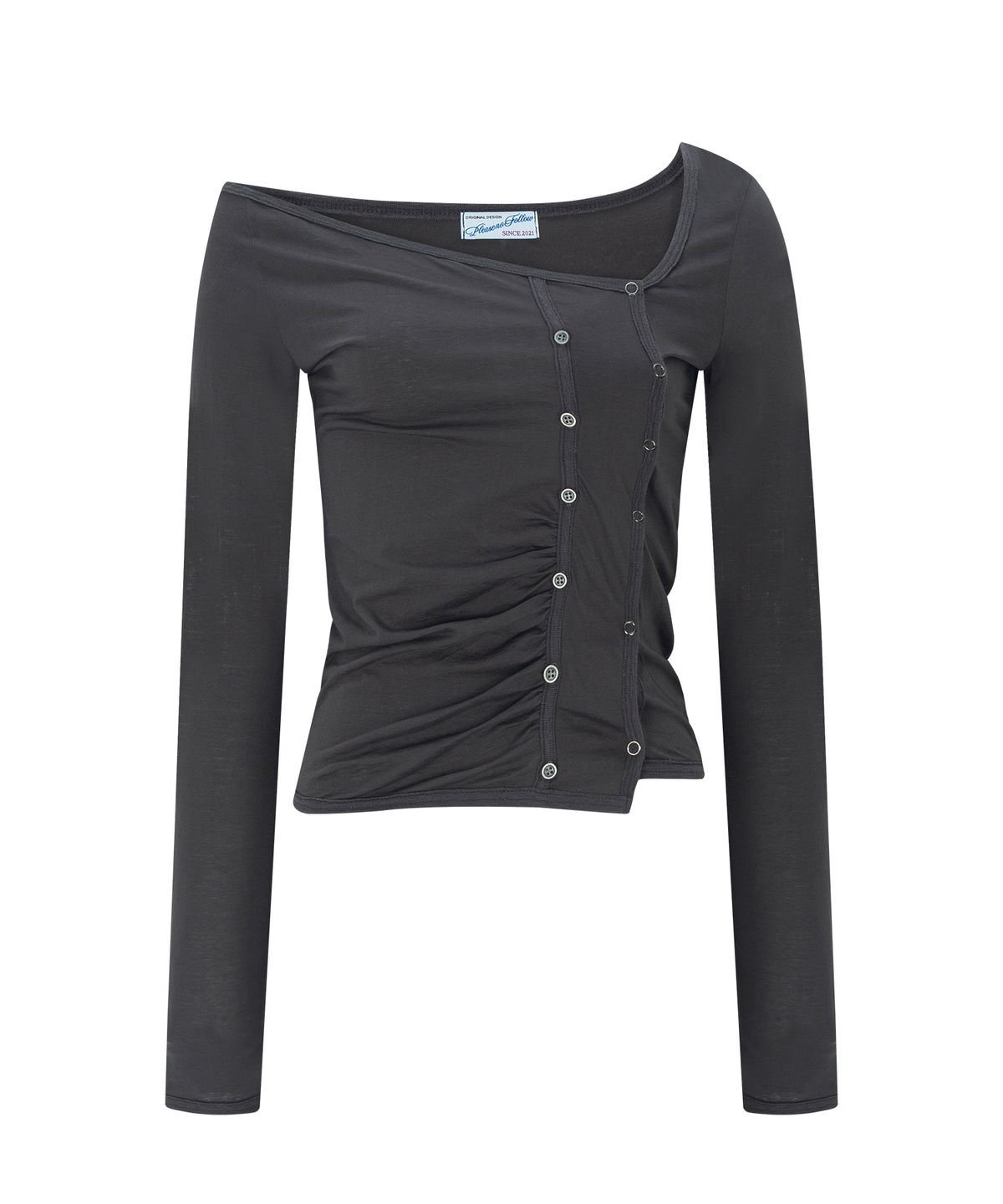 플리즈노팔로우(PLEASENOFOLLOW) Dulce Unbal Button Long Sleeve Top (Charcoal)