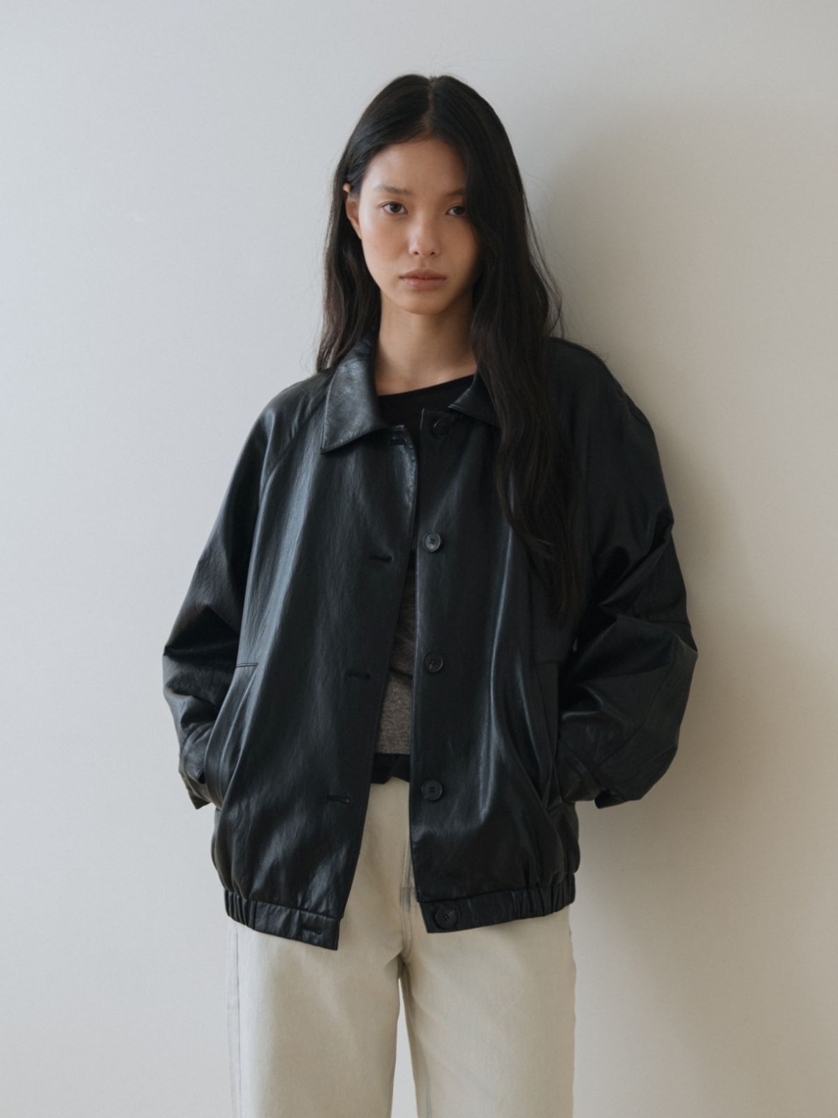 어나우트(UNNOUT) VEGAN LEATHER BLOUSON JACKET BLACK
