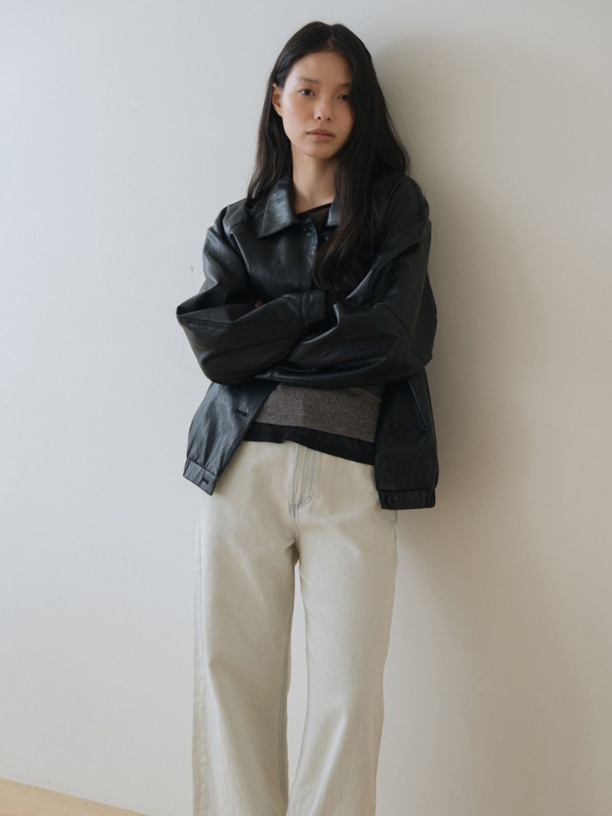 어나우트(UNNOUT) VEGAN LEATHER BLOUSON JACKET BLACK