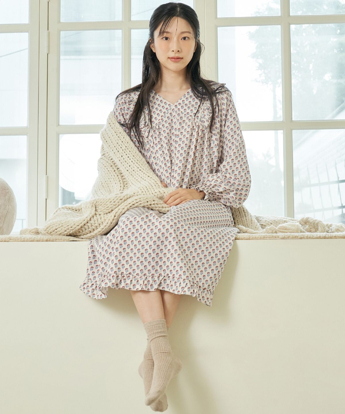 메이플라워(MAY FLOWER) 맨드라미 긴팔 모달면 여성 빅사이즈 원피스 잠옷