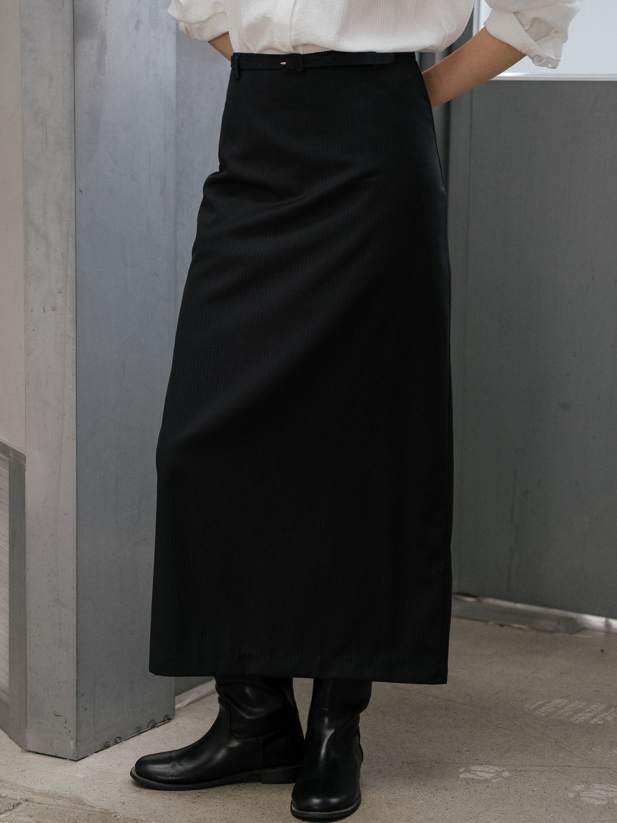 프리버07(FRIVER07) Stripe belted H-line long skirt FRFA01SK02_Navy