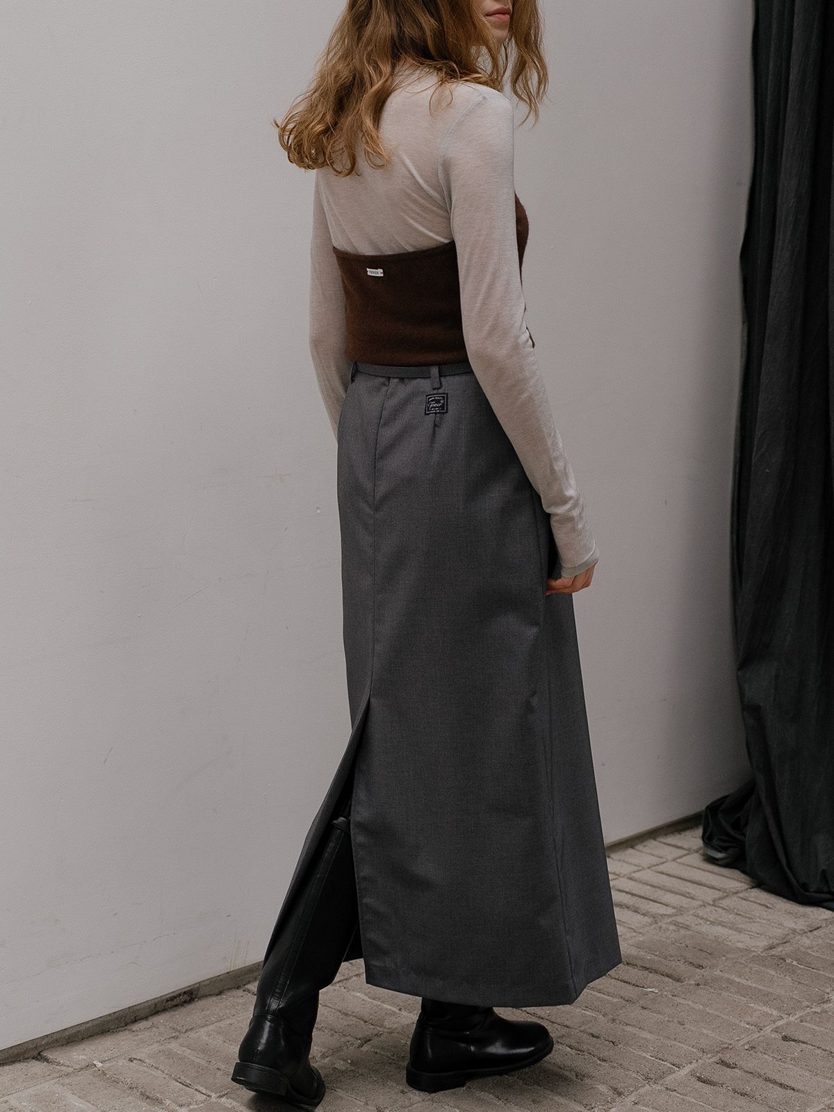 프리버07(FRIVER07) Stripe belted H-line long skirt FRFA01SK03_Charcoal