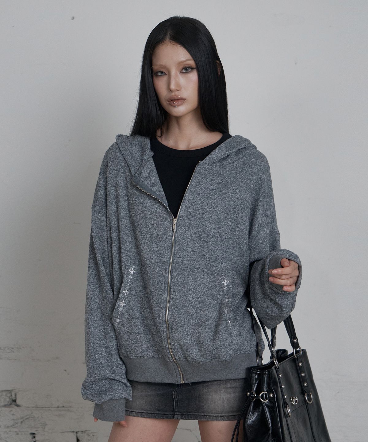 큐리티(CURETTY) C HOODED KNIT ZIP-UP_GREY