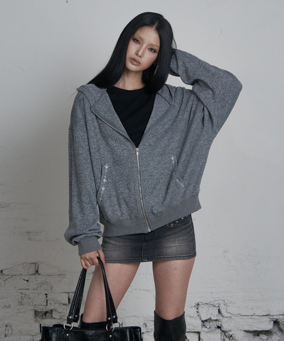 큐리티(CURETTY) C HOODED KNIT ZIP-UP_GREY
