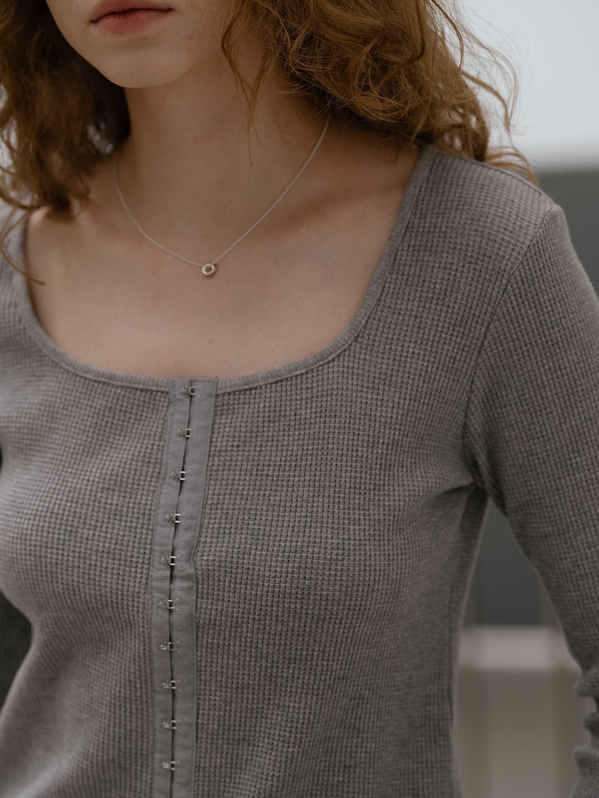 프리버07(FRIVER07) Waffle square neck cardigan FRFA01CD02_Gray