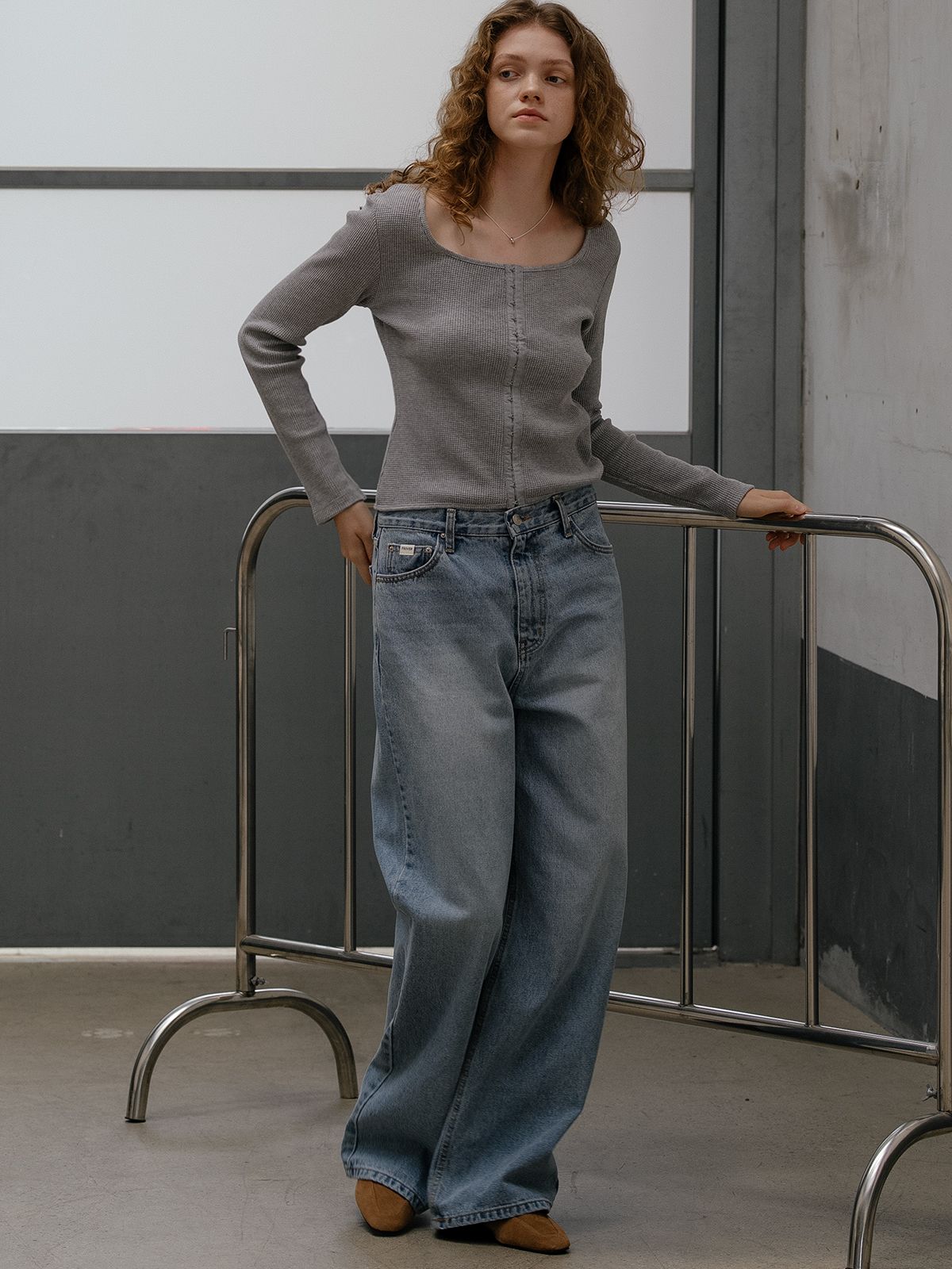 프리버07(FRIVER07) Waffle square neck cardigan FRFA01CD02_Gray