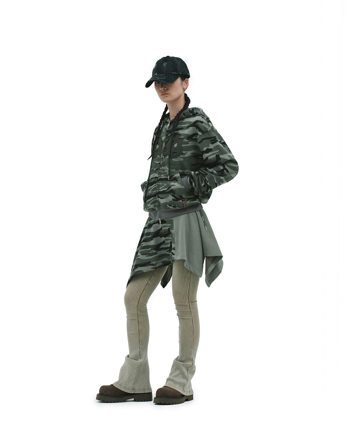 데프가먼츠(DEFGARMENTS) CAMO UNBALANCE SKIRT [KHAKI]