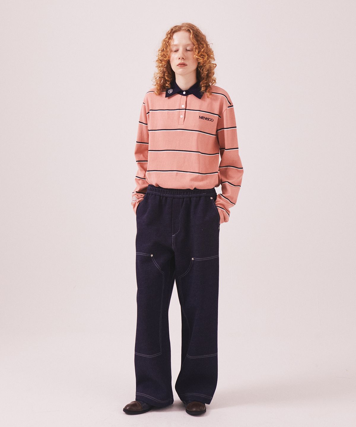 미나수(MENASOO) MNS Striped Cotton Collar T Shirt_Pink