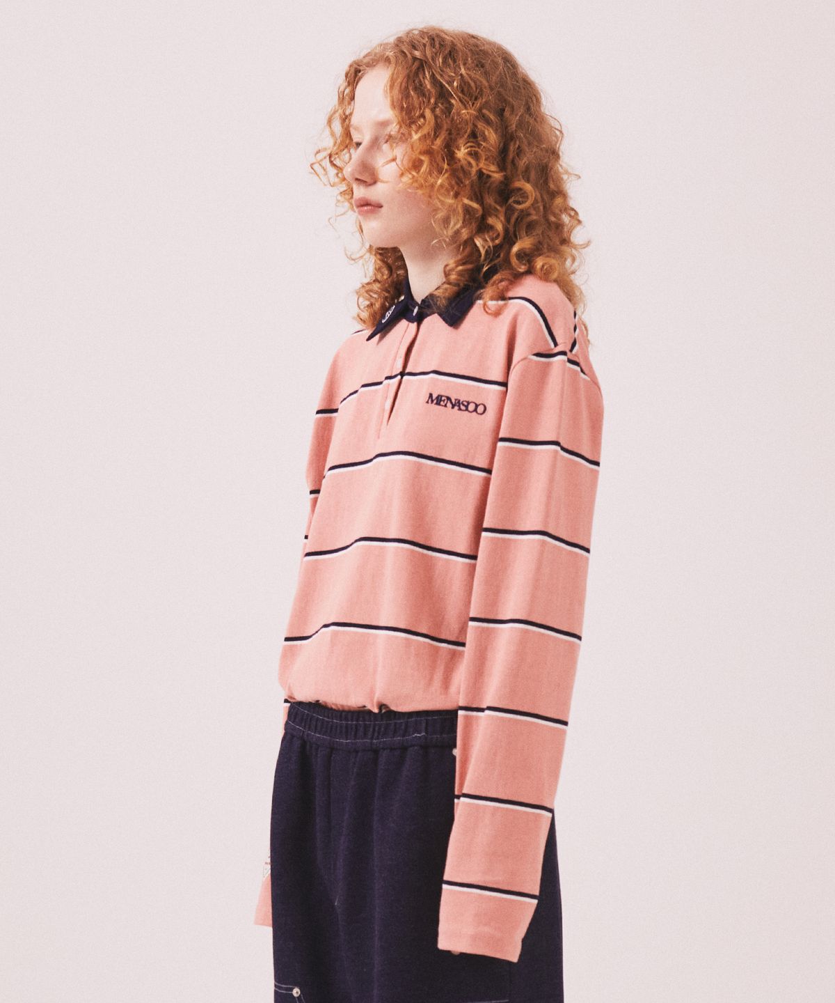 미나수(MENASOO) MNS Striped Cotton Collar T Shirt_Pink
