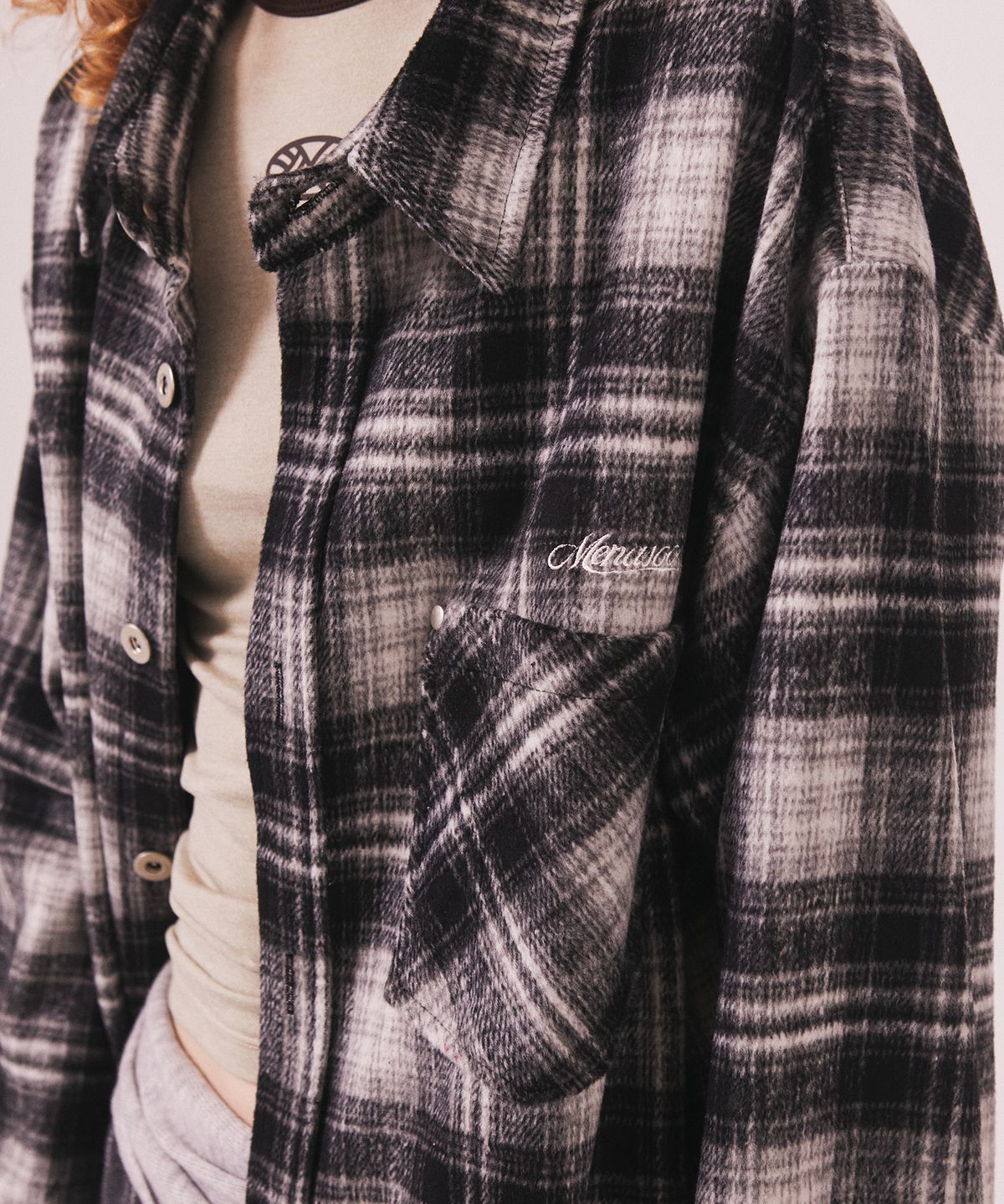 미나수(MENASOO) MNS Classic Check Oversized Shirt Jacket_Black