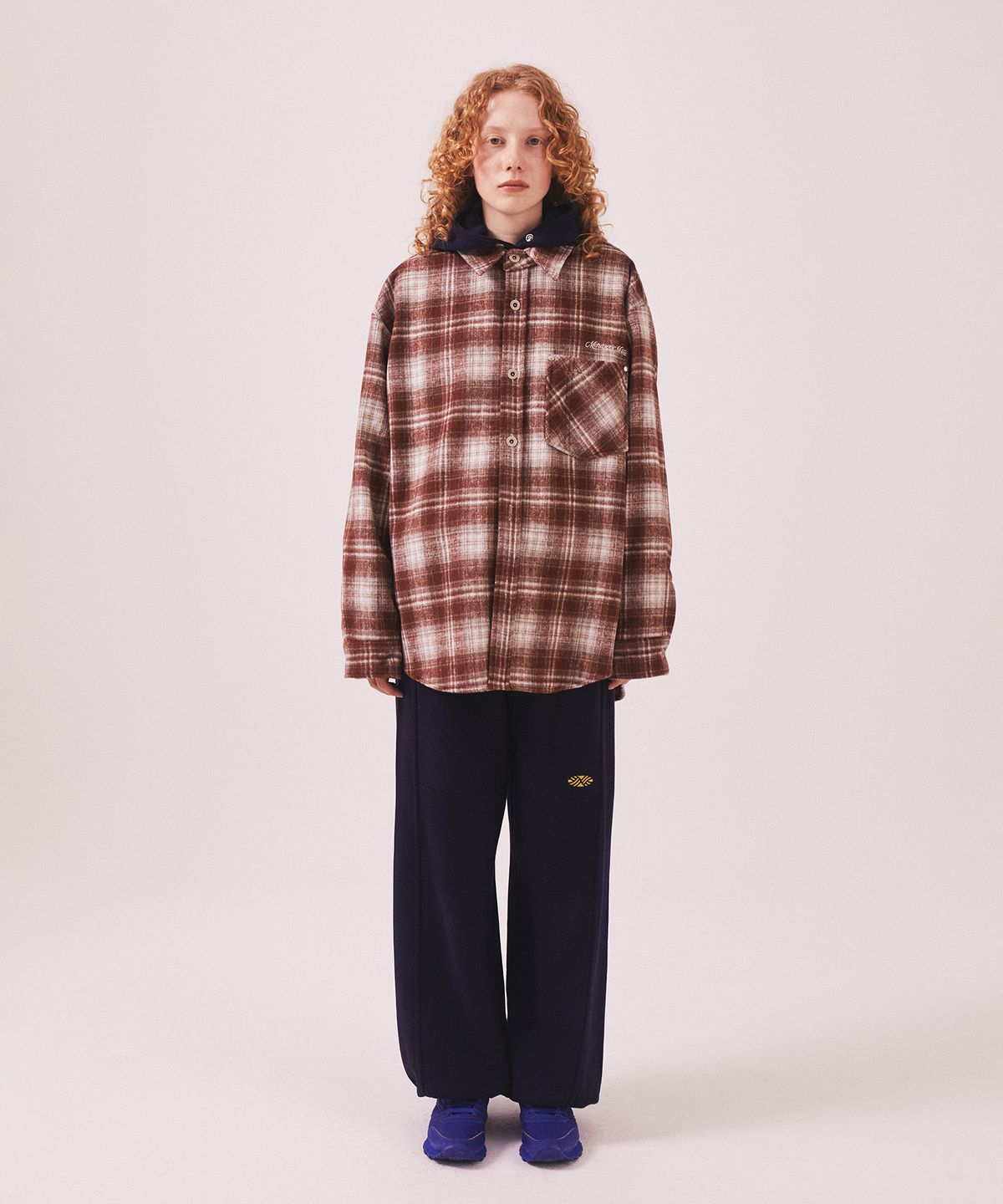 미나수(MENASOO) MNS Classic Check Oversized Shirt Jacket_Burgundy