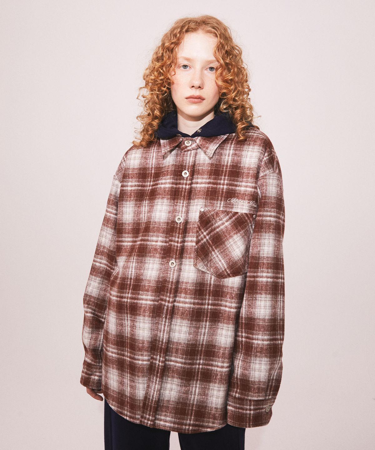미나수(MENASOO) MNS Classic Check Oversized Shirt Jacket_Burgundy