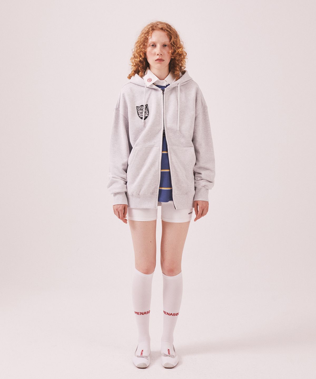 미나수(MENASOO) Menasoo Applique Two Way Hoodie Zip Up_White Melange