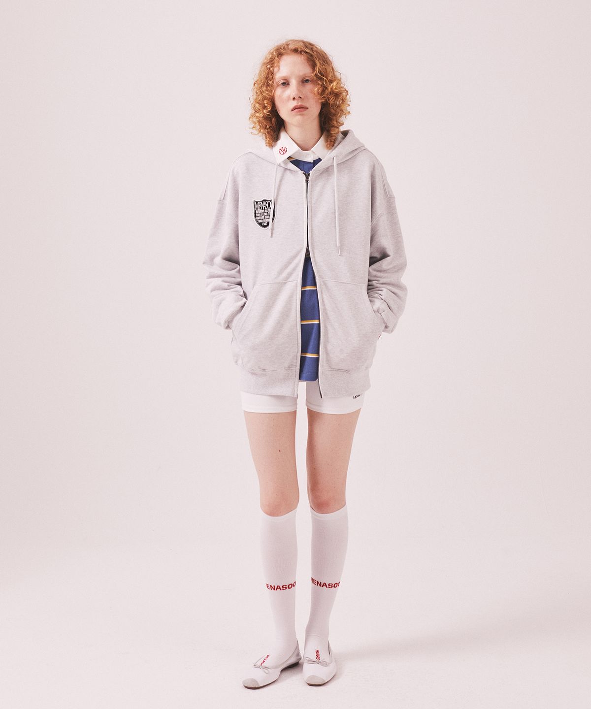 미나수(MENASOO) Menasoo Applique Two Way Hoodie Zip Up_White Melange