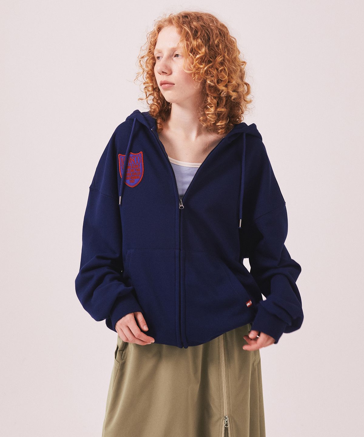 미나수(MENASOO) Menasoo Applique Two Way Hoodie Zip Up_Navy
