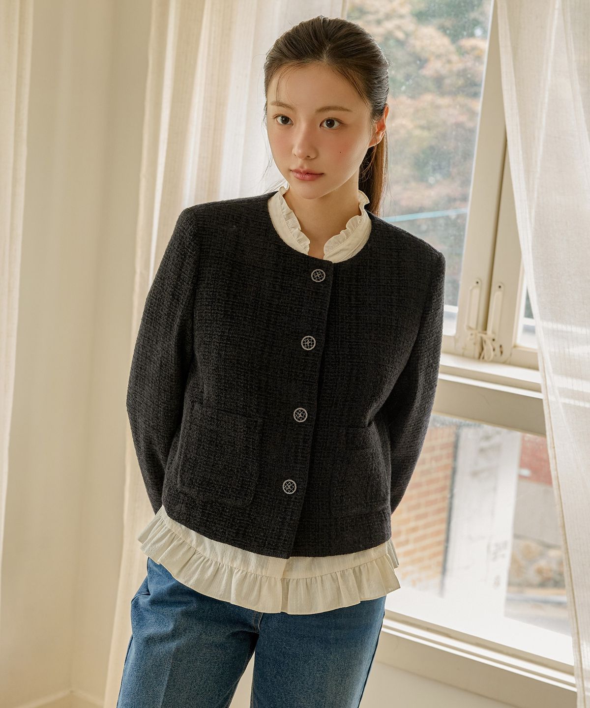 올리브 데 올리브(OLIVE DES OLIVE) 라운드넥 트위드 크롭 자켓 OW5XJ1550