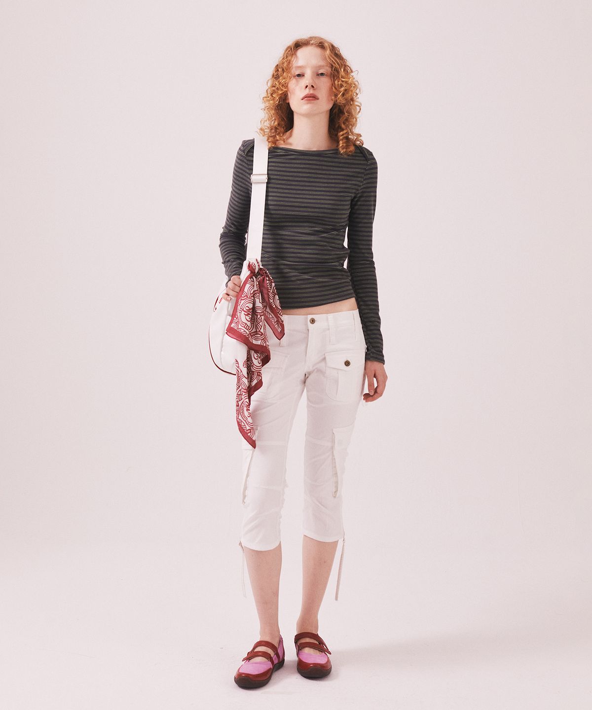 미나수(MENASOO) Brushed Striped Boatneck Long T Shirt_Khaki