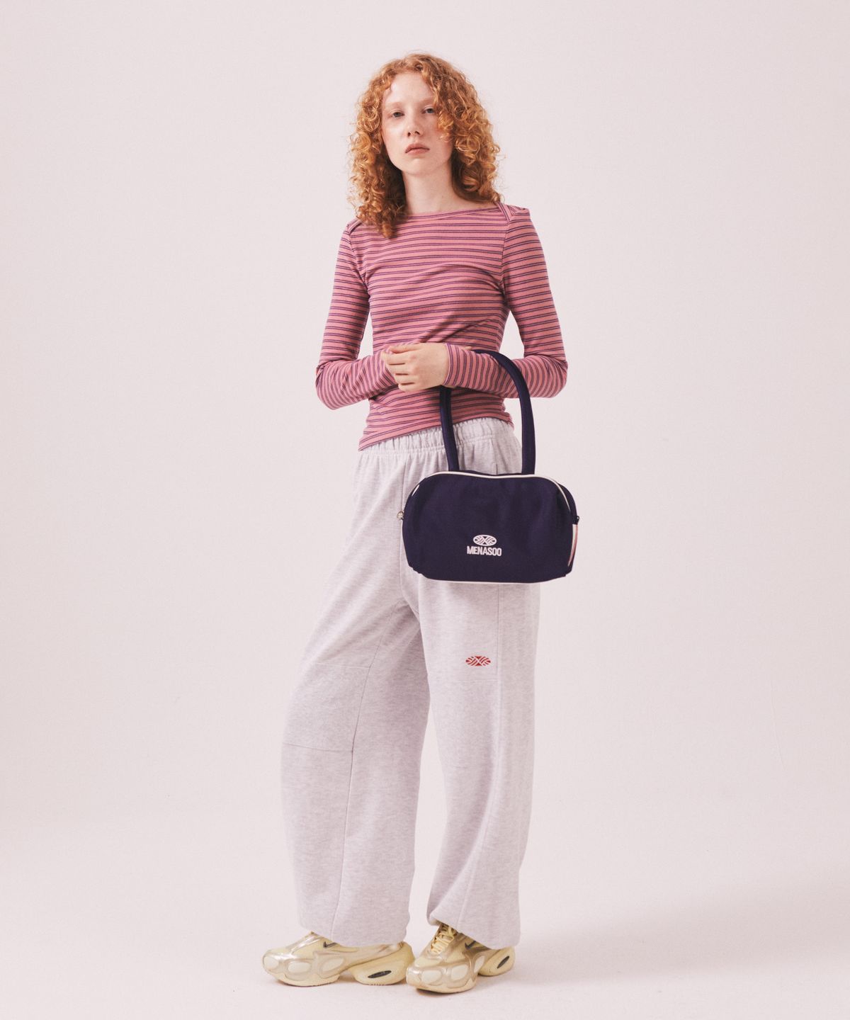 미나수(MENASOO) Brushed Striped Boatneck Long T Shirt_Pink