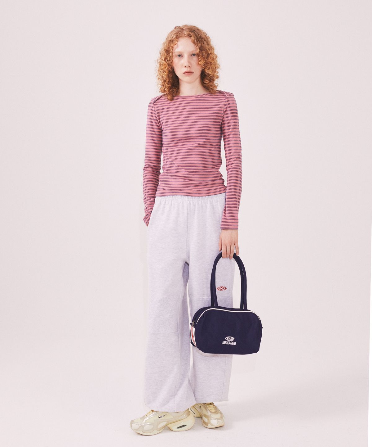 미나수(MENASOO) Brushed Striped Boatneck Long T Shirt_Pink