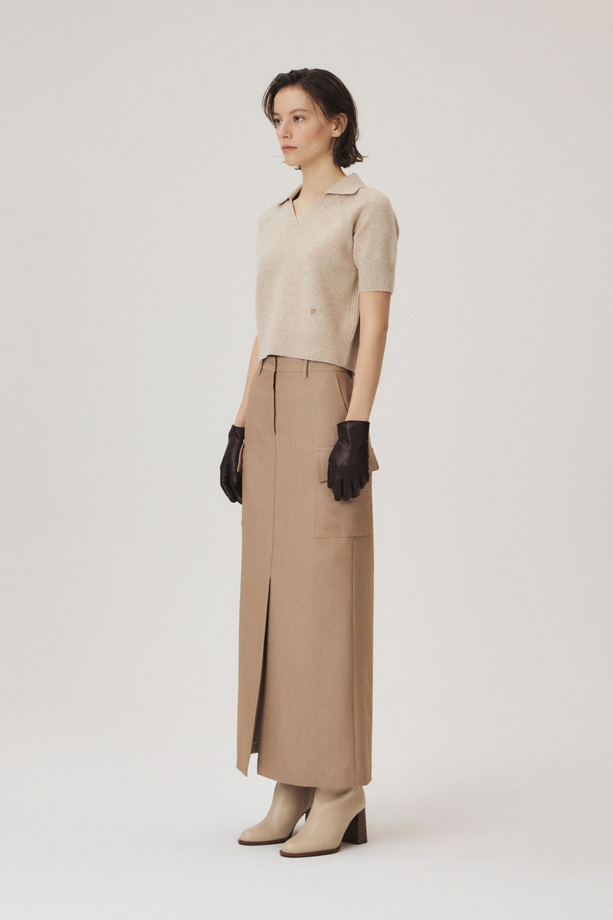 쿠메(KUMÉ) H-line Pocket Long Skirt, Beige