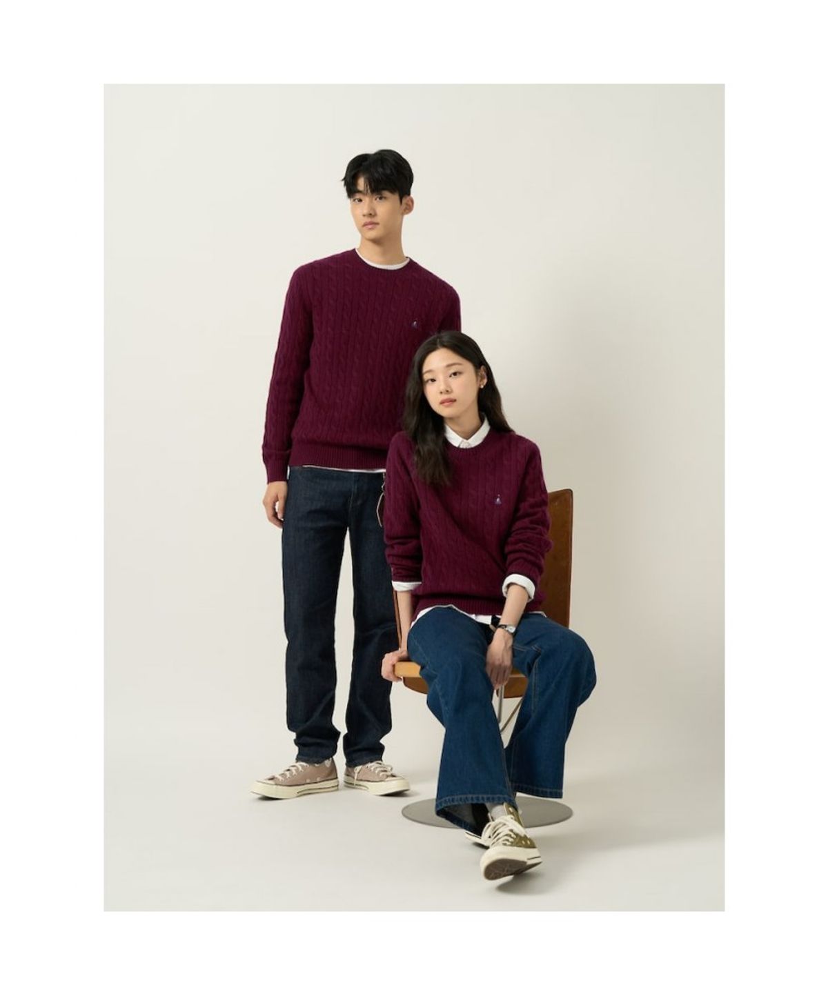빈폴 멘(BEANPOLE MEN) [Essential] 남녀공용 케이블 라운드 니트  와인