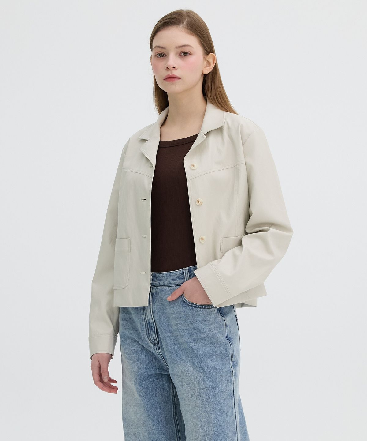 올리브 데 올리브(OLIVE DES OLIVE) 페이크레더 크롭 자켓 OH5XJ1810