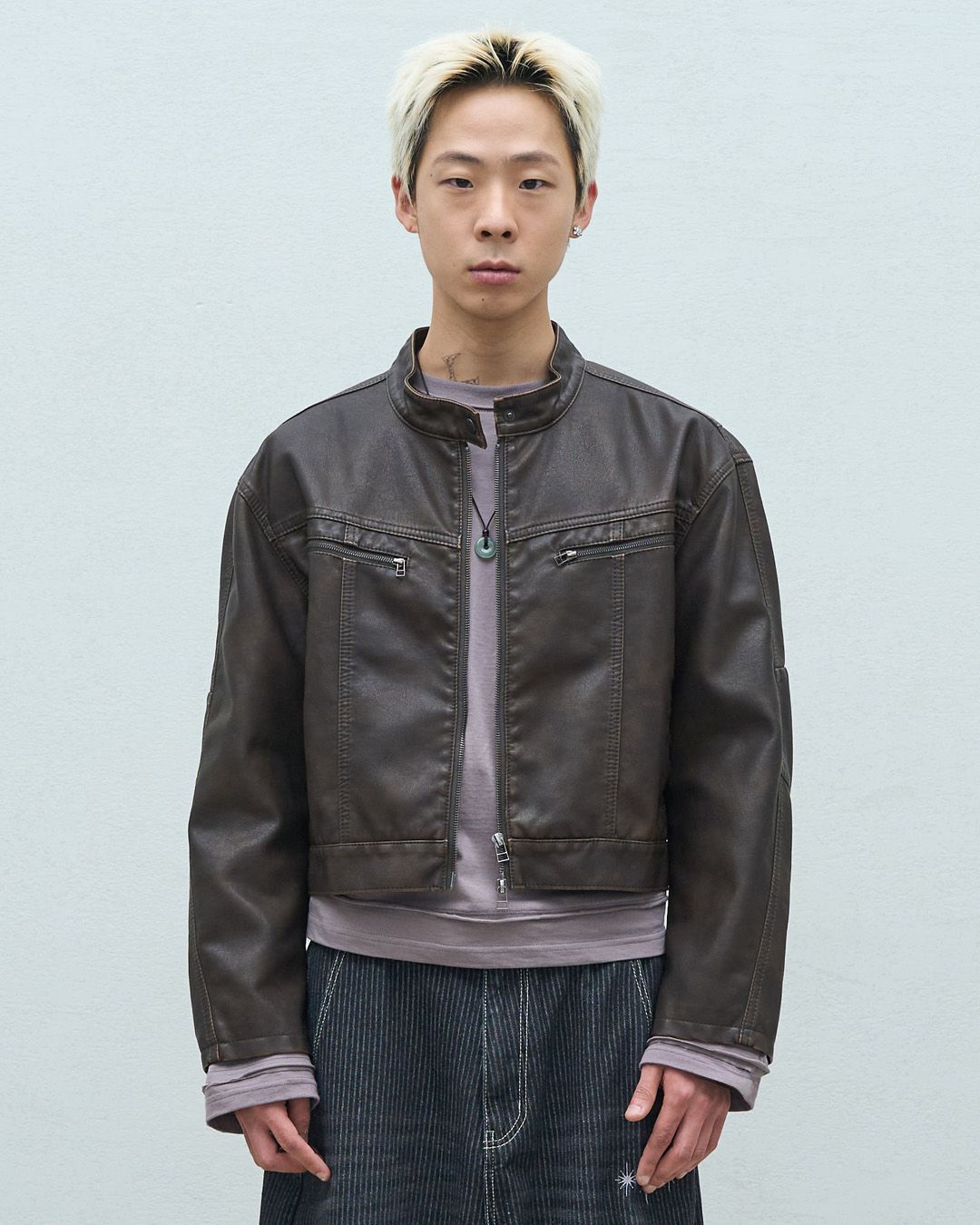 MUSINSA | SUPERSUB Washed Crop Leather Jacket - Brown