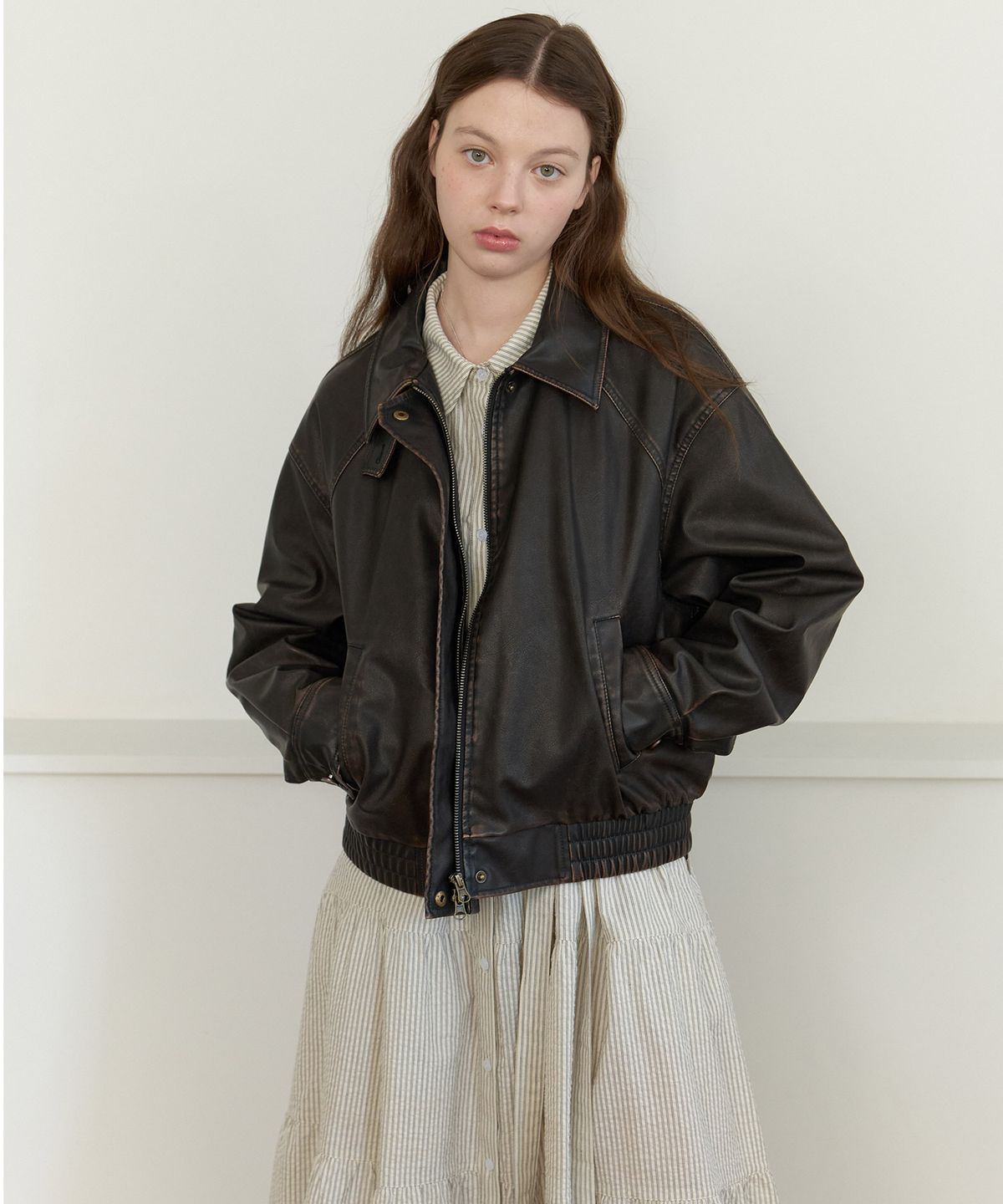클루니(CLUNY) Dusty vintage snap leather jacket - brown