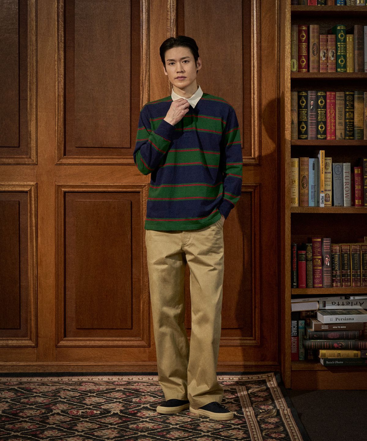 브론슨(BRONSON) Classic Fit Striped Jersey Rugby Shirt Green/Navy/Red