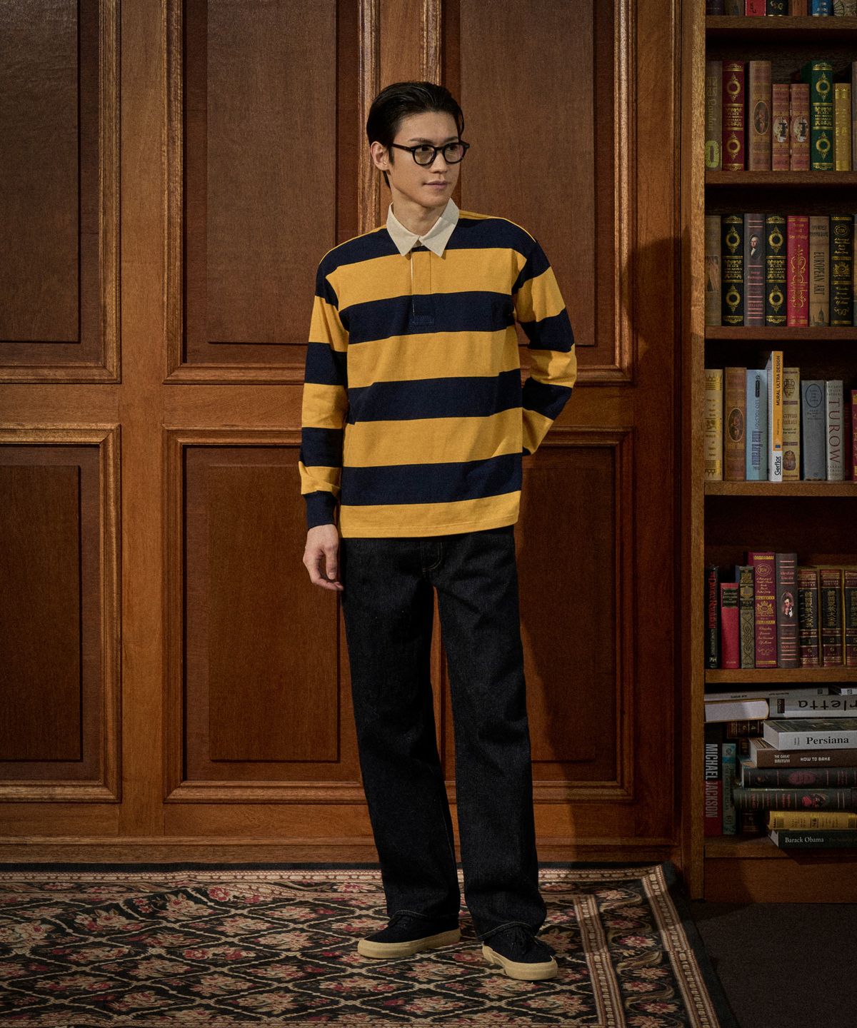 브론슨(BRONSON) Classic Fit Striped Jersey Rugby Shirt Green/Navy/Red